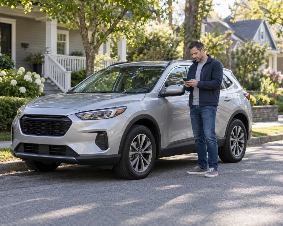 A person checking a phone beside a parked silver crossover on a neighborhood street.